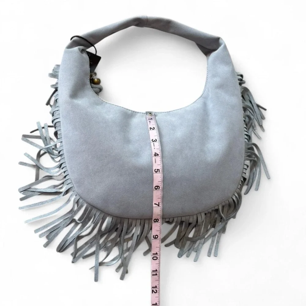 Juniper & Joy Gray/Blue Faux Suede‎ Fringe Hobo Shoulder Bag
